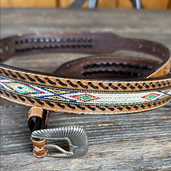 Accessories - Western leather belt‎ with silver conch & Native ribbon ribbon trim 34-38”